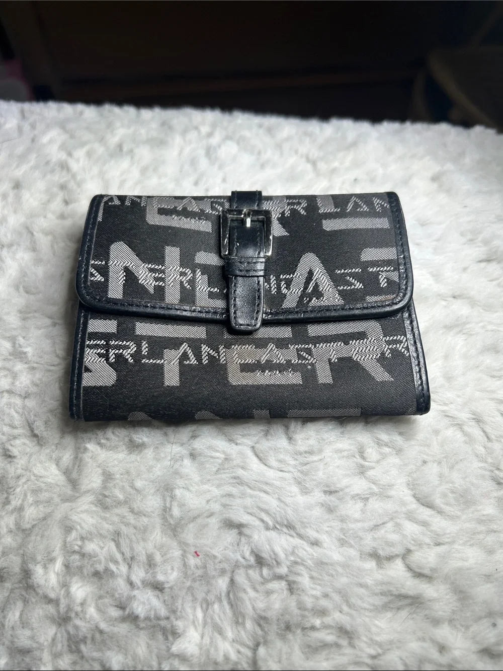 Black Logo-Pattern Card Wallet with Buckle Closure